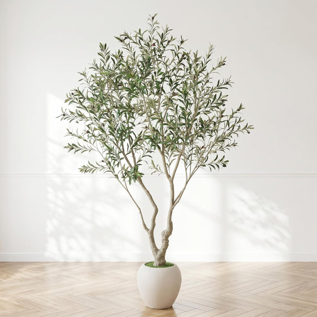 Olive Tree Tall Faux Potted Plant White Pot (8FT)