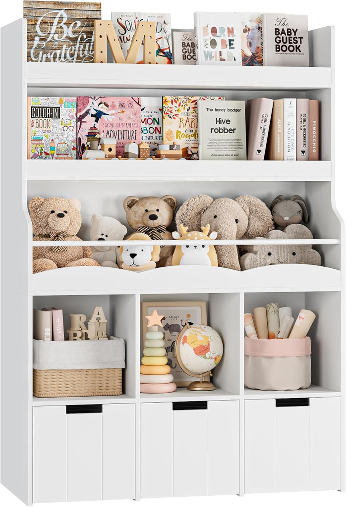 Toy Storage Organizer w/Bookshelf & Stuffed Animal Organizer, White | Large Toy Organizer with 3 Movable Storage