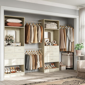 Closet System, 6-14FT Walk in Closet Organizer with 8 Drawers and Mirror, 168" Wood Closets Insert with Tower, Sturdy