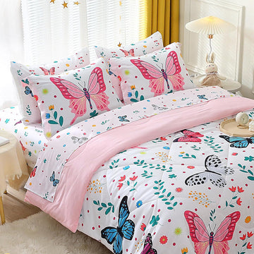 Girls Butterfly Comforter Set 7 Piece Bed in A Bag Colorful Flowers Leaves Bedding Set for Kids Teens Super Soft