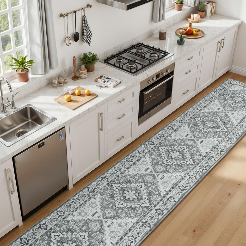 2 x 10 Runner Rug, Washable Entryway Rugs, Grey White