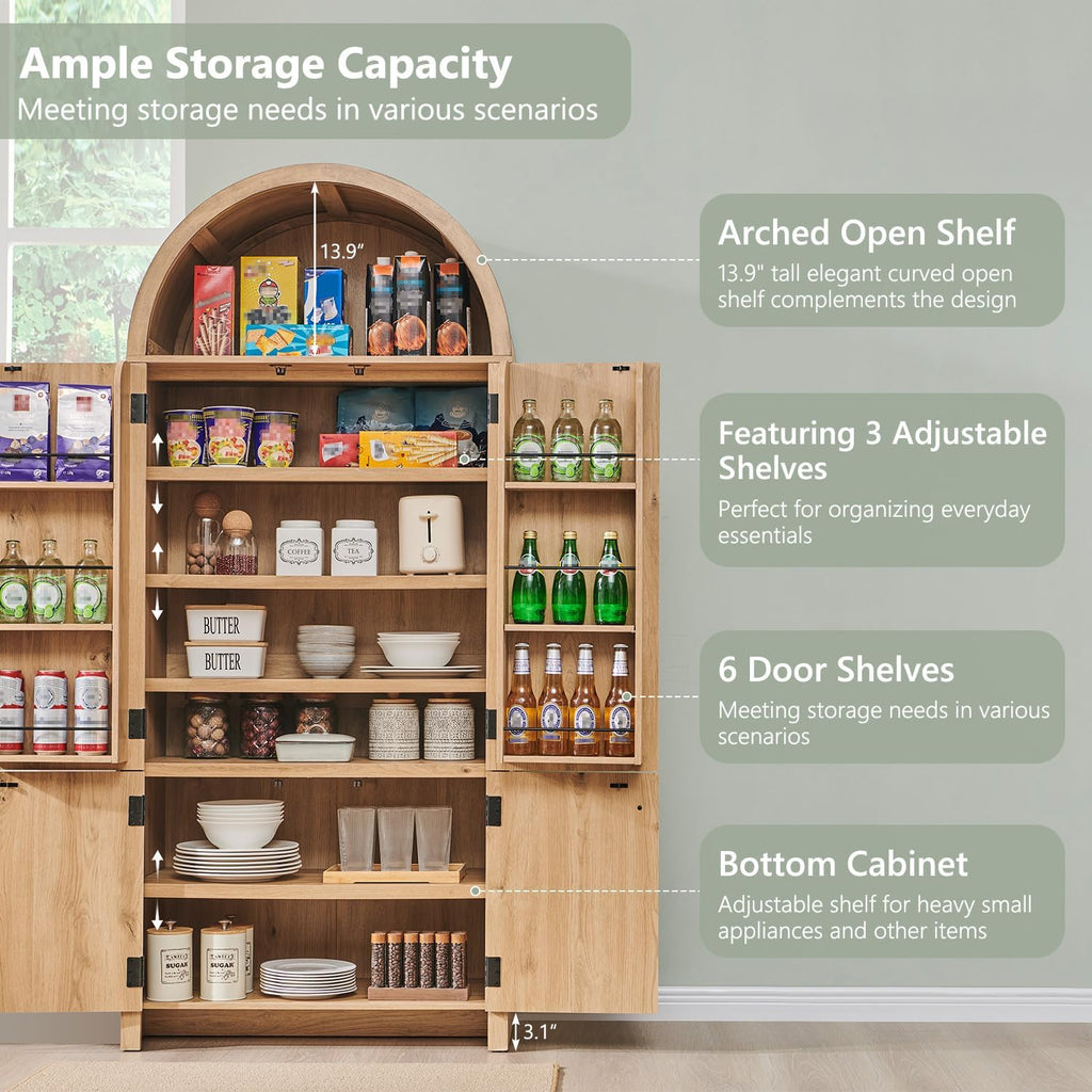 71" Tall Arched Kitchen Pantry, Modern Fluted Wood Storage Cabinet with Doors, 3 Adjustable Shelves, 6 Door Shelves