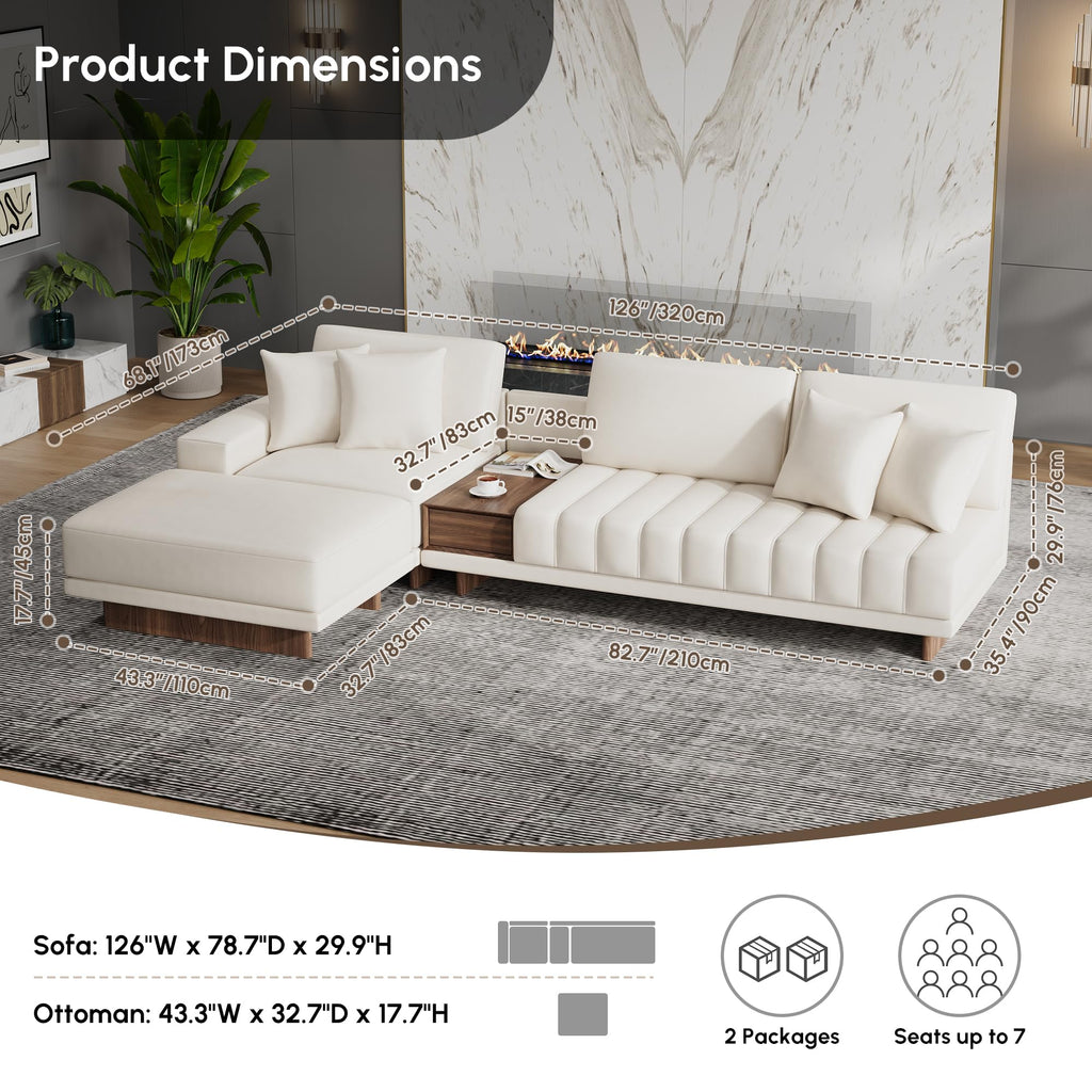 Leather Sectional Sofa - 126" Oversized L-Shaped Modular Couch with Storage Table & Ottoman, White Sofa for Modern