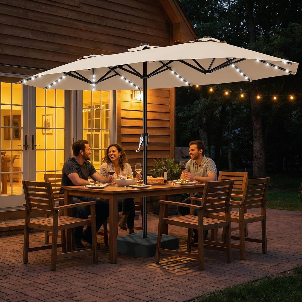 15FT Patio Umbrella with Solar Lights, Double Sided Outdoor Table Umbrellas with Crank