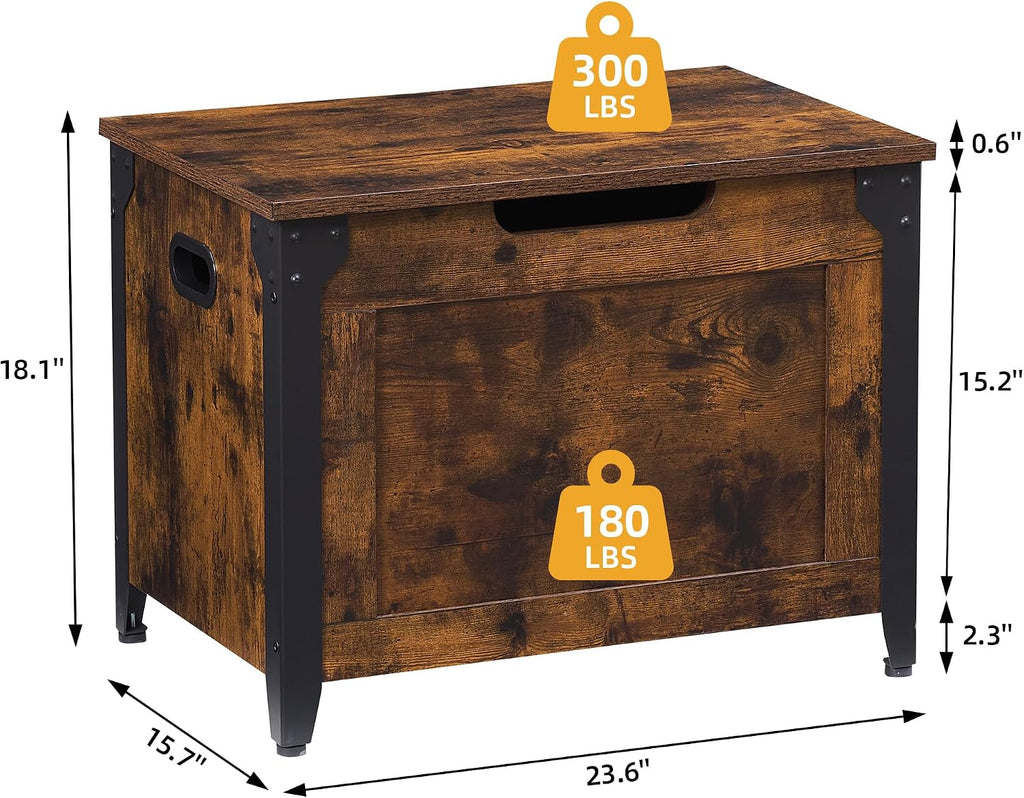 23.6" Storage Bench with 2 Safety Hinges, Rustic Brown | Retro Wooden Storage Chest, Loads 300 lb, Easy Assembly
