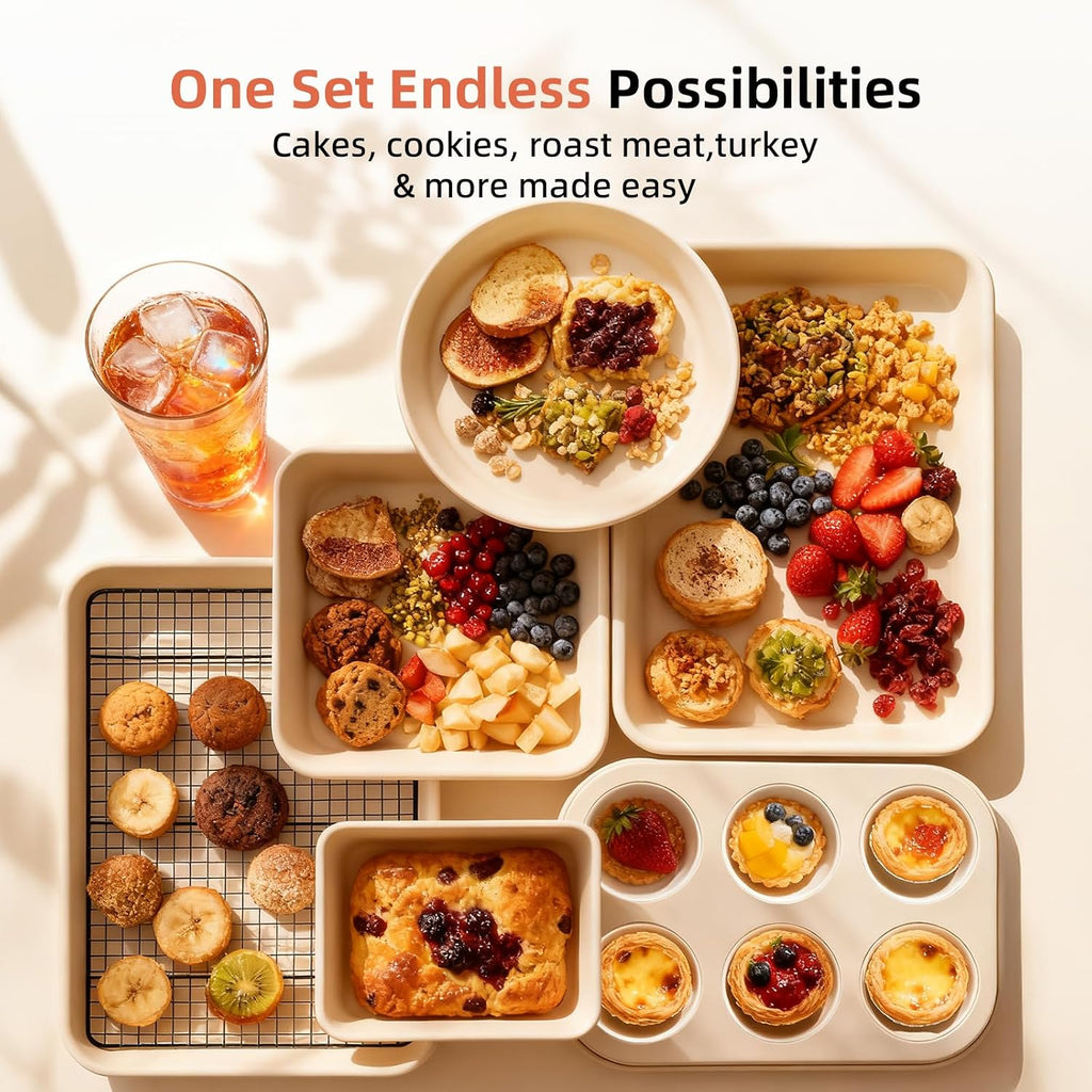 Pans Set Stackable Carbon Steel Bakeware Set | 8 Pcs Non Stick Set with Cookie Sheet, Roasting Pan, Cake Pan, Muffin