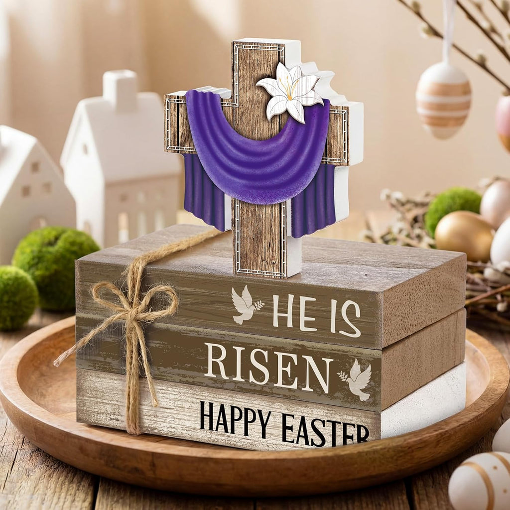 Easter Decorations He is Risen Wooden Sign Christian Table Centerpiece Religious Cross Tiered Tray Decor - Set of 4