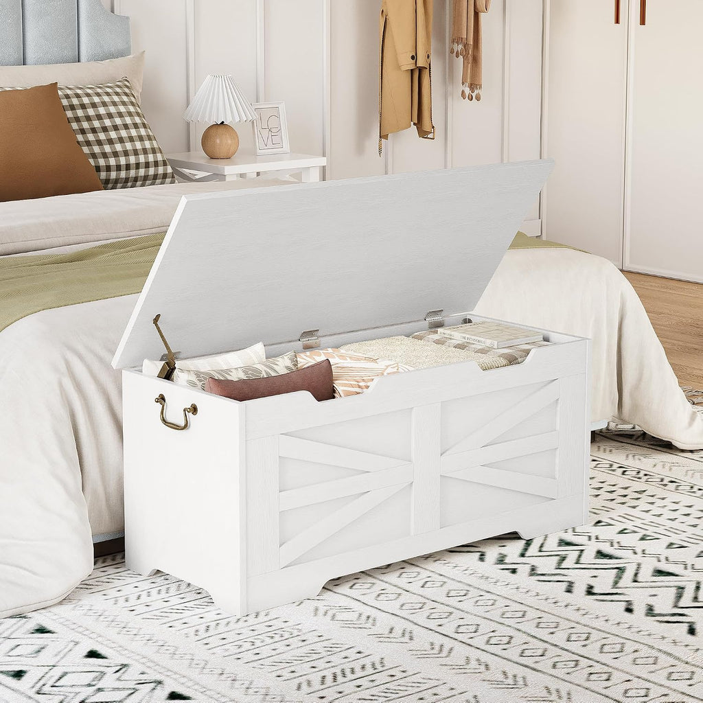 39.4" Large Wooden Storage Chest Bench with Safety Hinge, Blanket Chest , Farmhouse Storage Trunk , Sturdy Entryway