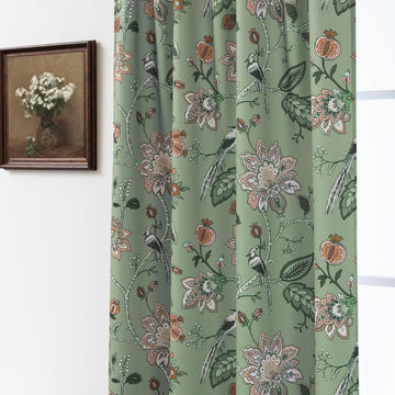 Green and White Curtains 2 Panel Set for Bay Window,70% Blackout Eclectic Art Nouveau Print Floral