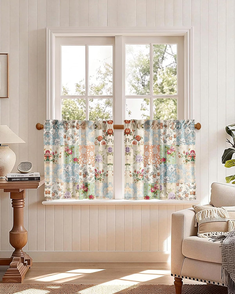 Boho Kitchen Curtains - 24 Inch Length Linen Blend Vintage Floral Cafe Curtains Country Tier Curtain Short Drapes Rod