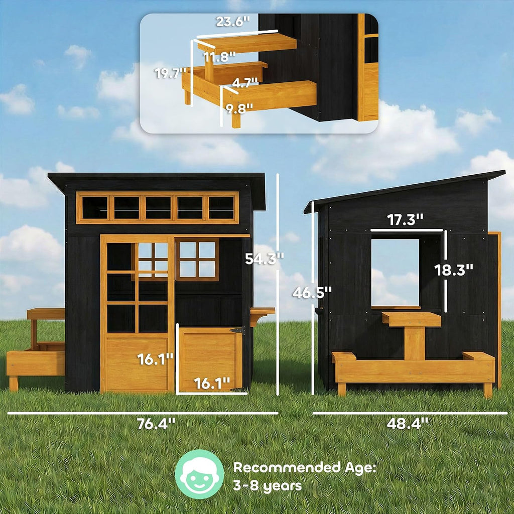 Playhouse - Solid Fir Wood, Chalkboard Panels, Attached Table & Benches, Spacious Interior, Ages 3-8, 76" L