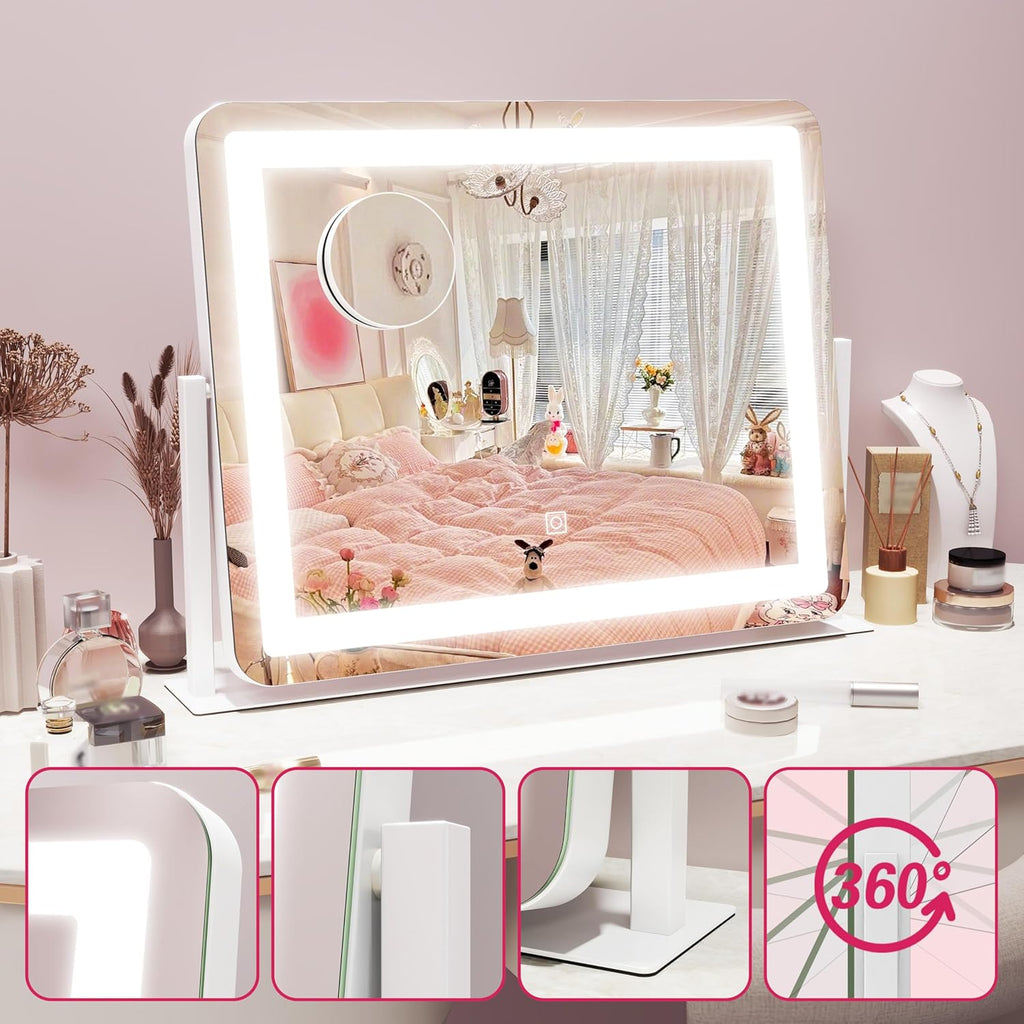 22"x17" Vanity Mirror with Lights, LED Makeup Mirror with 3 Color Modes & Dimmable Touch Control, 360 Rotation