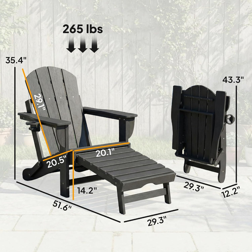 Folding Adirondack Chair Set of 2 with Retractable Ottoman Black | Outdoor HDPE Fire Pit Chair, Cup Holder, Large
