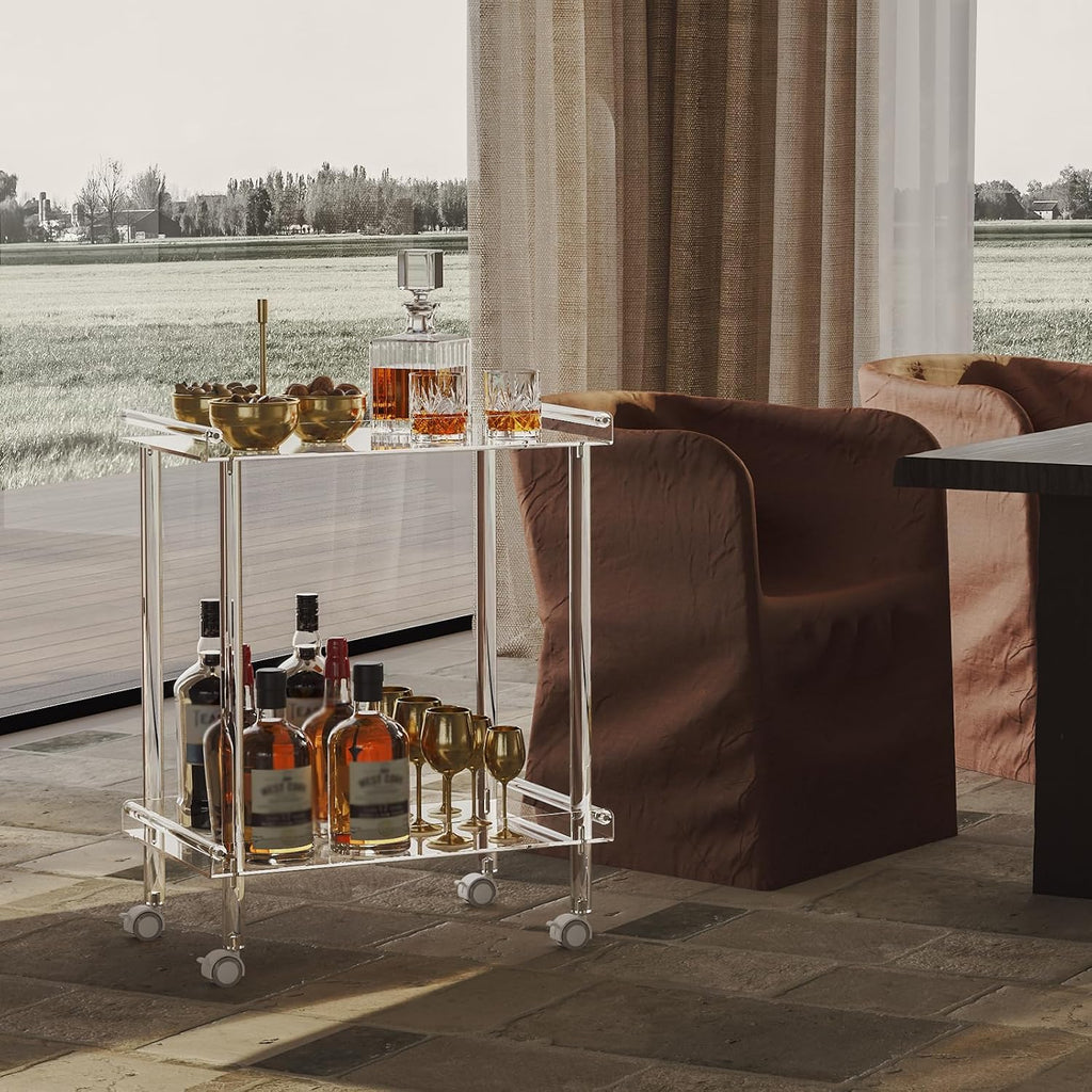 Acrylic Bar Cart, Rolling Serving Cart with 4 Lockable Wheels for the Home Bar, Kitchen, Living Room, Modern, 2-Tier