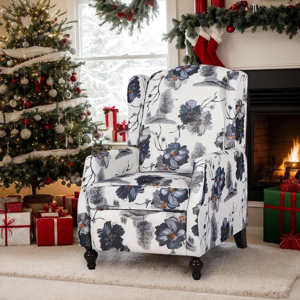 Wingback Recliner Chair - Tufted Arm Chair Recliner - Fabric Push Back Single Sofa Adjustable Backrest (Blue Floral)