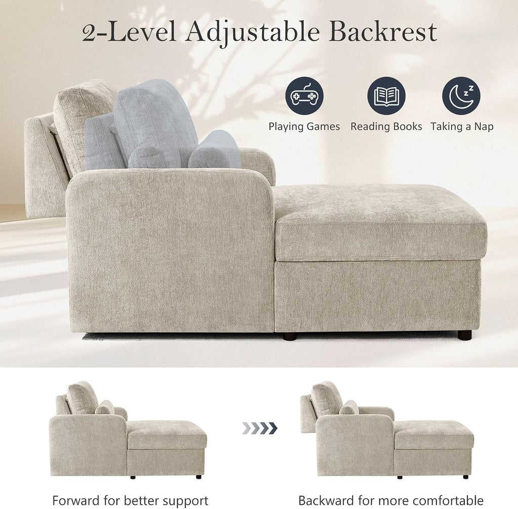 58" Oversized Chaise Lounge Chair with Storage, Chenille Camel | Adjustable Backrest, 2 Back Pillows, Comfy Reading