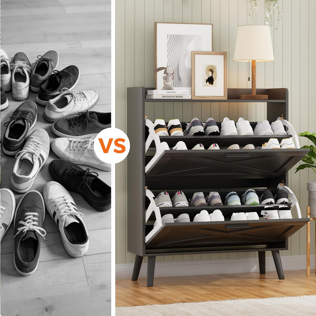 Farmhouse Shoe Storage Cabinet with Flip Drawers & Barn Door Design | Slim Narrow Shoe Rack Cabinet with Adjustable