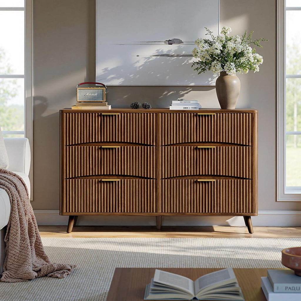 54" Wide Fluted 6 Drawer Dresser, Mid Century Modern Curved Dresser, Light Wood Chest of Drawers , Walnut