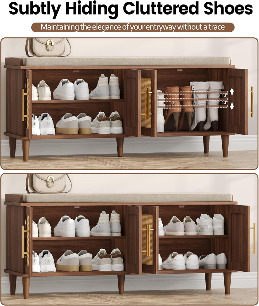 Rattan Shoe Storage Bench with Cushion, 2-Tier Entryway Bench with Adjustable Shelves and 4 Doors, 15" D x 47.2" W x
