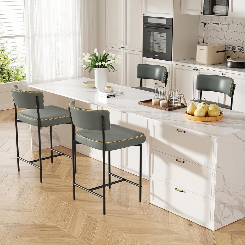 Bar Stools Set of 3, Faux Leather Counter Height Barstools with Curved Back, 25 Inch Upholstered Bar Chairs