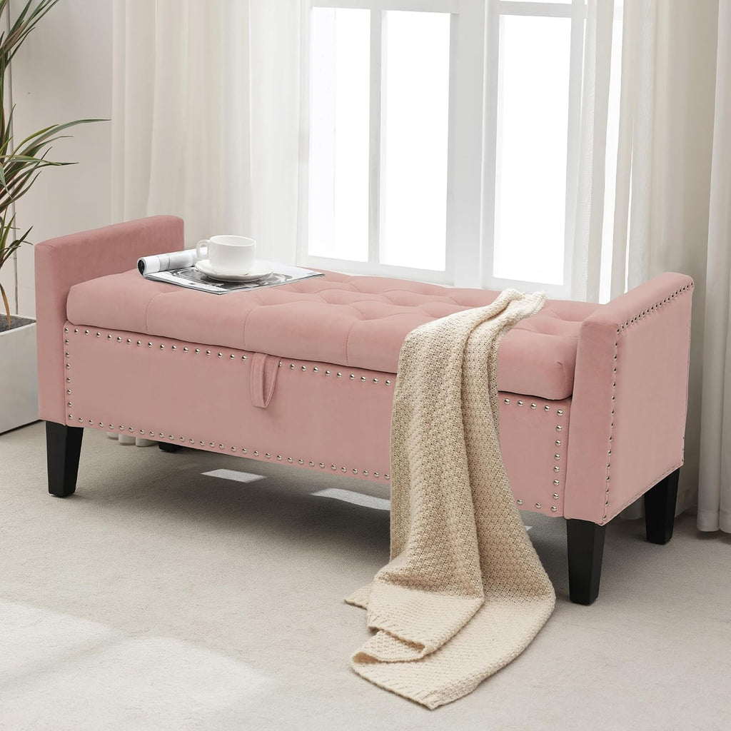 Velvet Ottoman with Storage, 46'' Upholstered Button Tufted End of Bed Bench with Arms, Modern Storage Bench , Pink