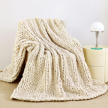 Chunky Knit Blanket Throw 51"x63", 100% Hand Knit Chenille Throw Blanket, Soft and Cozy Knitted Throw Blankets