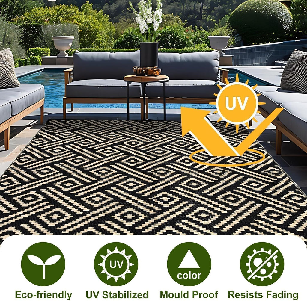 Outdoor Rug 9x12, Plastic Straw Rug, Beige & Black