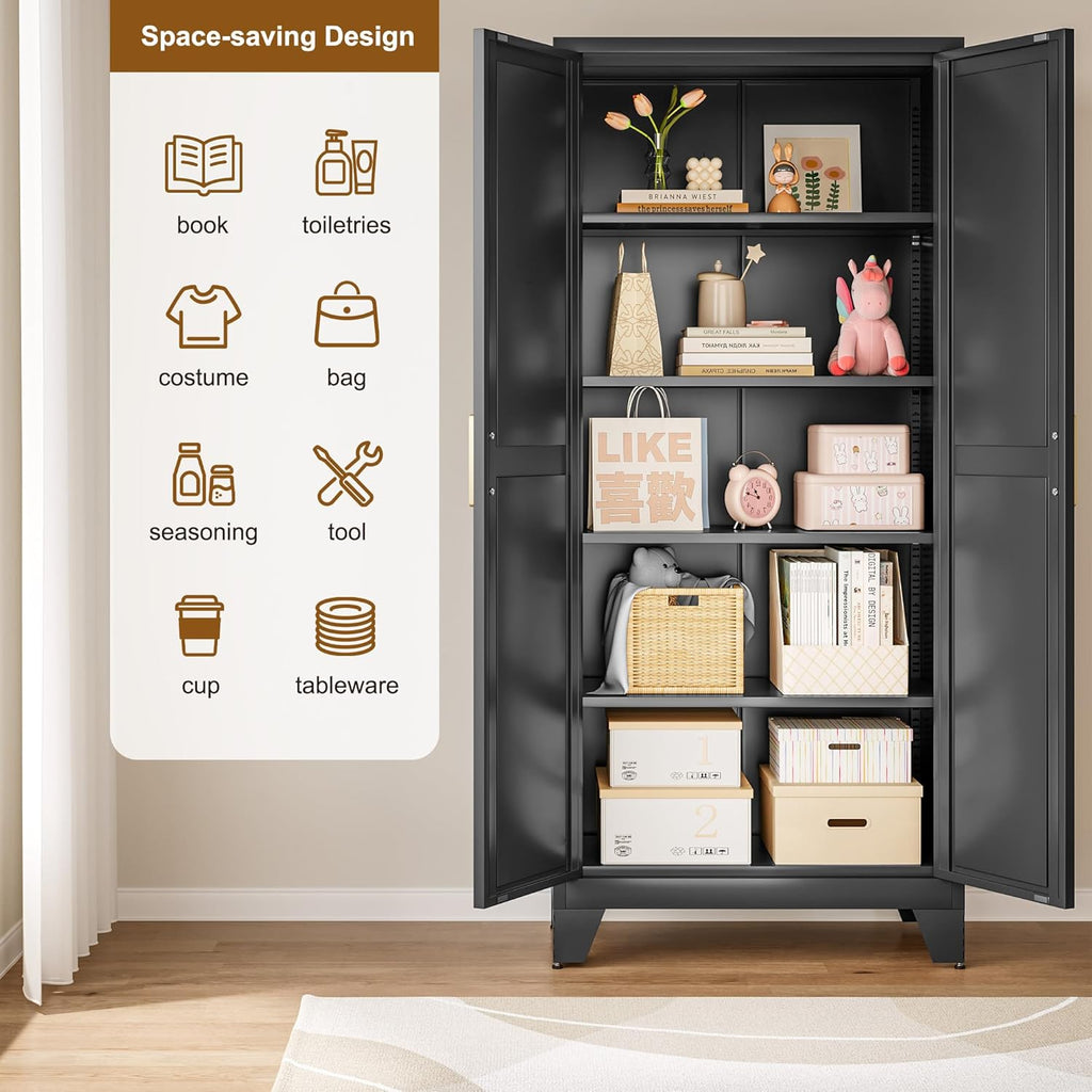 71" Metal Storage Cabinet with Doors and Shelves, Tall Pantry Cabinet in Black with 2 Doors & 4 Adjustable Shelves