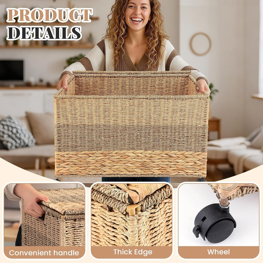 42.3 Gallon(160L) 30×17.7×18 in Wicker Storage Trunk with Wheels & Lid Heavy Duty Rolling Storage Bench Large Toy