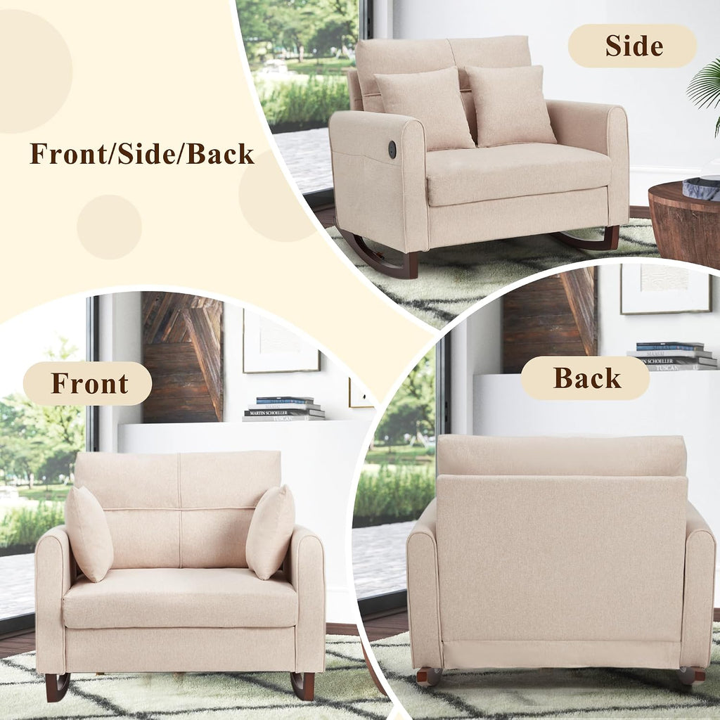 Rocking Chair, Upholstered Nursery Rocking Chair with High Back and Side Pocket USB Port, Double Wide Rocker Glider