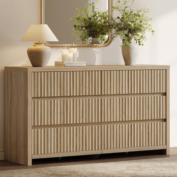 Fluted 6 Drawer Dresser - 55.2''W Large Chest of Drawers | Modern Long Bedroom Dressers with Deep Drawers, 17.7''D