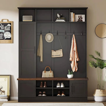 Rustic Hall Tree with Bench and Shoe Storage, 55''W Entryway Bench with Coat Rack, 6 Hooks, Storage Cabinets & Top