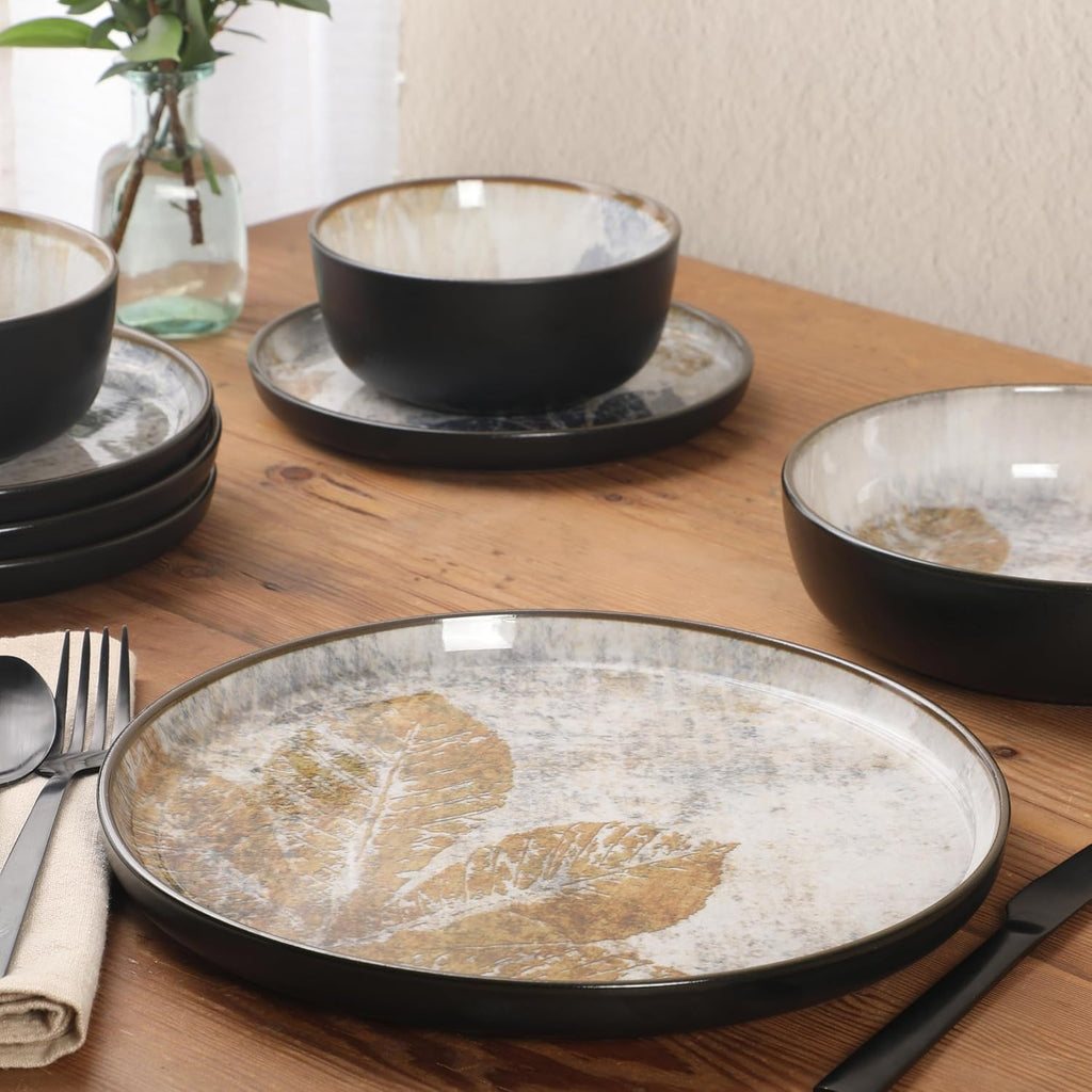 Chantilly Hill 16-Piece Porcelain Dinnerware Set, Round Plates & Bowls, Multicolor Leaf Design