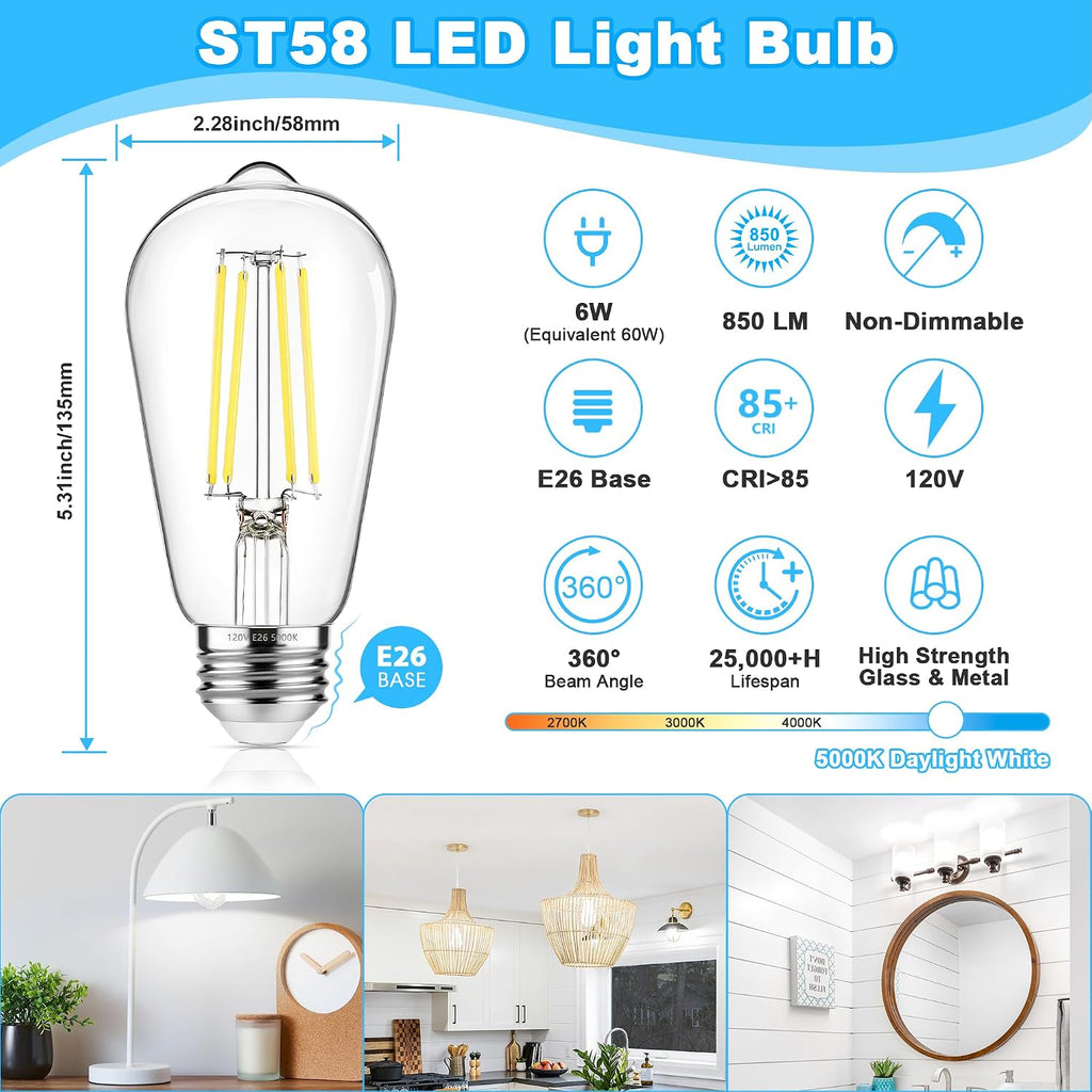4-Pack Vintage Edison LED Bulbs, 60W Equivalent, 850LM 6W Edison Light Bulb Daylight White 5000K, ST58 LED Filament