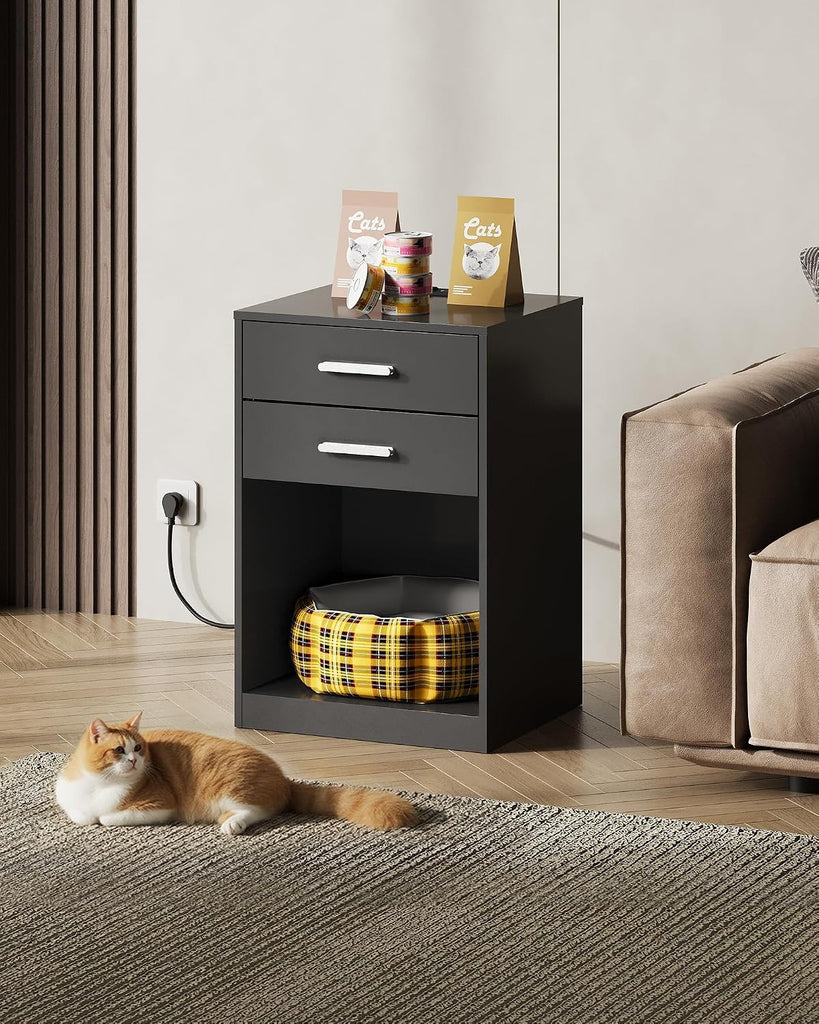 Nightstand Set of 2 with Charging Station, Wood Night Stand Sets with 2 Drawers and Open Shelf, Bed Side Tables