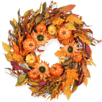 Fall Wreaths for Front Door 22 Inch, Autumn Wreath with Berry Pumpkin, Maple Leaves, Thanksgiving Harvest Festival