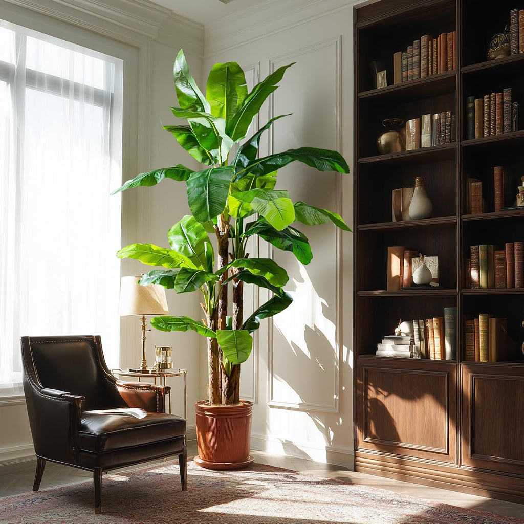Banana Tree 9ft, Faux Tropical Palm Tree Plant with Realistic Leaves, Low Maintenance Indoor Outdoor Decor Porch, Pot