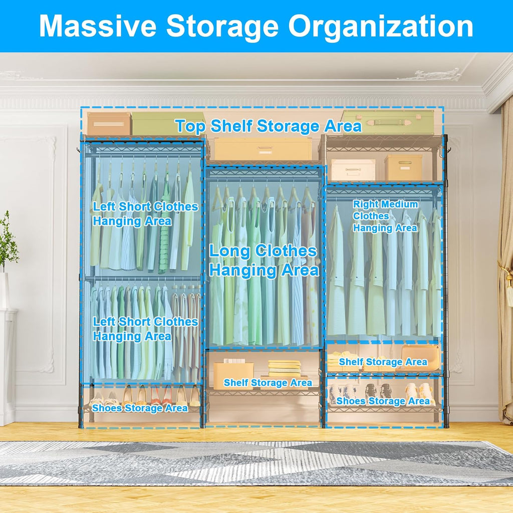 E13C Heavy Duty Closet Organizer System,Freestanding Clothing Racks for Hanging Clothes,Adjustable Garment Rack 63" W