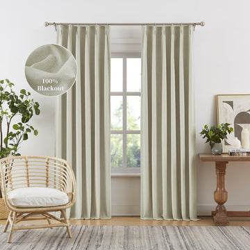 Linen Blackout Curtains Drapes 96 Inches Long 2 Panels Set, Pinch Pleated Farmhouse Room Darkening Thermal Insulated