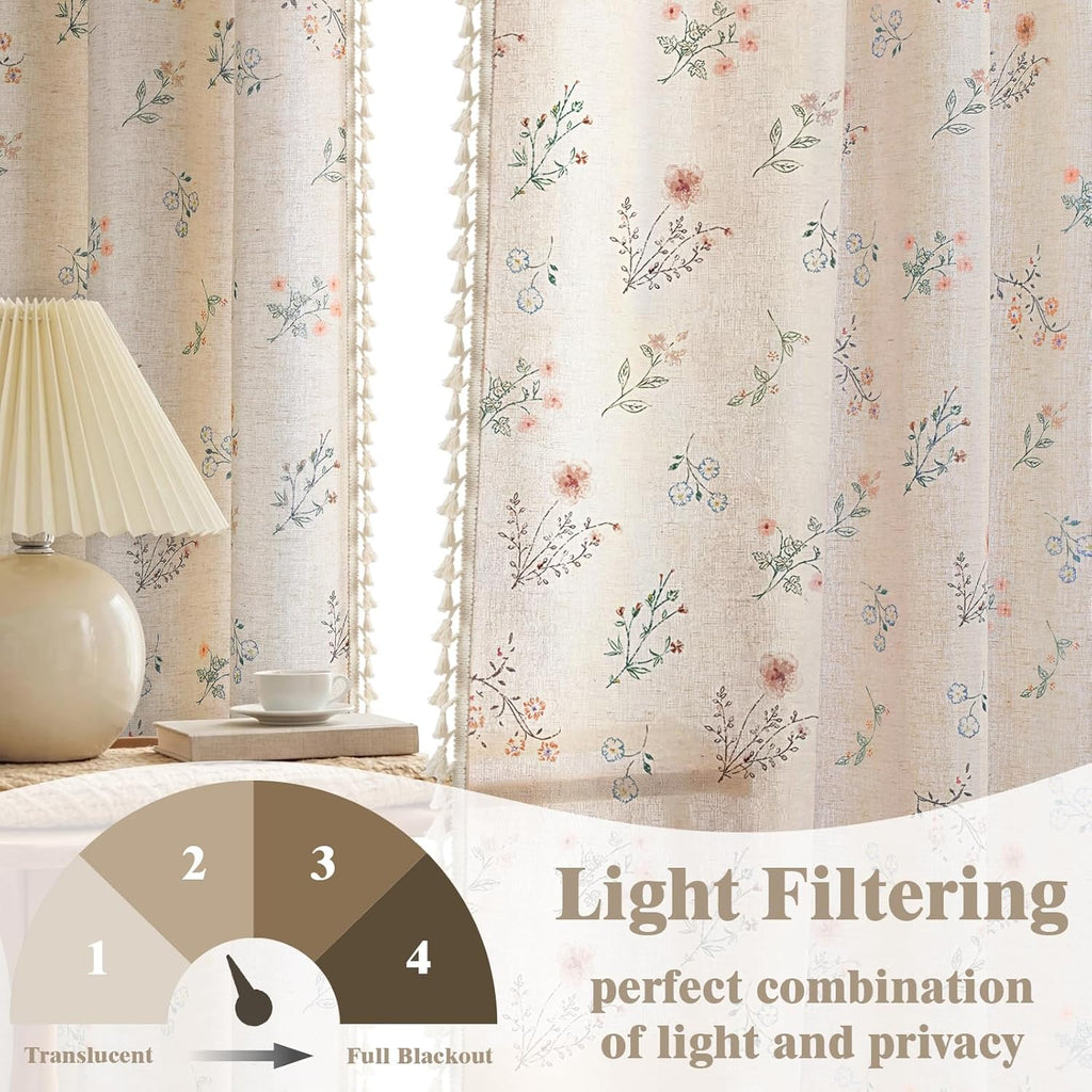 Boho Floral Spring Semi Sheer Curtains 2 Panels Set, Linen Texture Farmhouse Light Filtering Curtains