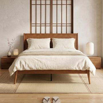 Queen Size Bamboo Platform Bed Frame with Headboard, Walnut Brown