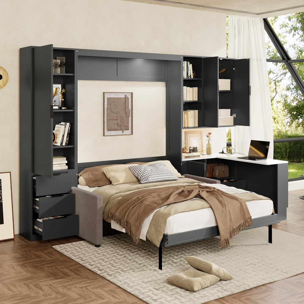 Queen Wood Murphy Bed with Upholstered Sofa & Desk, Multifunctional Foldable Wall Platform Bed w/USB Charging Station