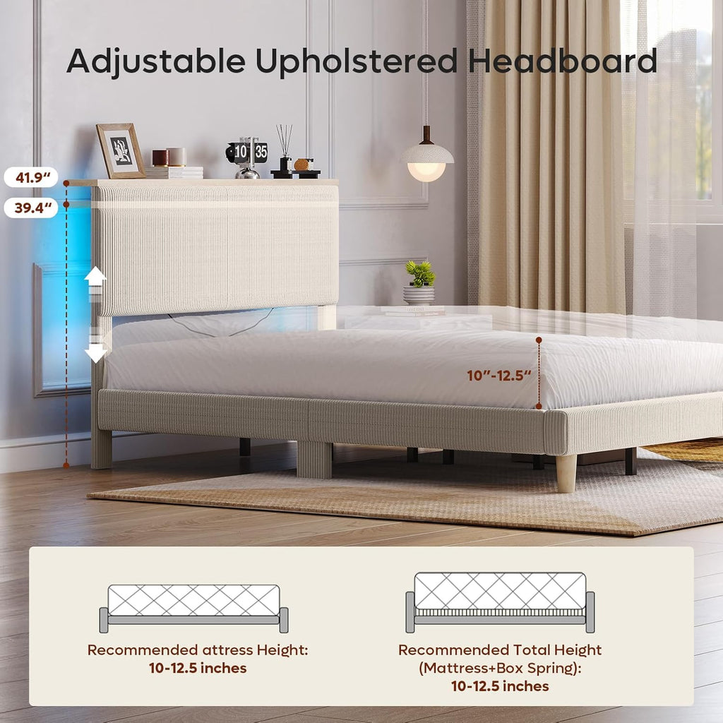 Queen Bed Frame with Adjustable Headboard & LEDLighting, Corduroy Upholstered Platform Bed Frame withStorage Shelf