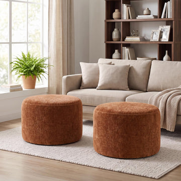 Upholstered Round Pouf Ottoman Set of 2, Orange-Brown Footstools