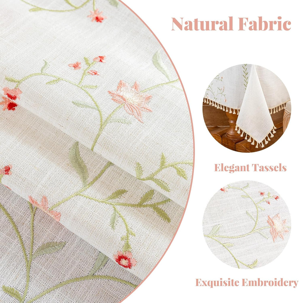 Rectangle Tablecloth 55" x 75", Pink Floral Embroidered Table Cloth with Tassels, Farmhouse Rustic L