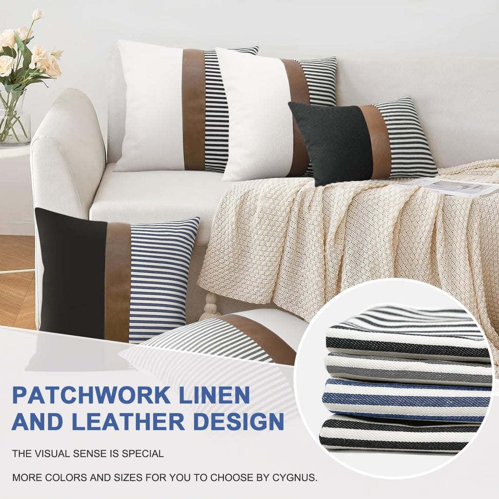 20x20 Pillow Covers Set of 2 Farmhouse Decor Stripe Patchwork Linen Throw Pillow Covers Modern Faux Leather Covers, Gray