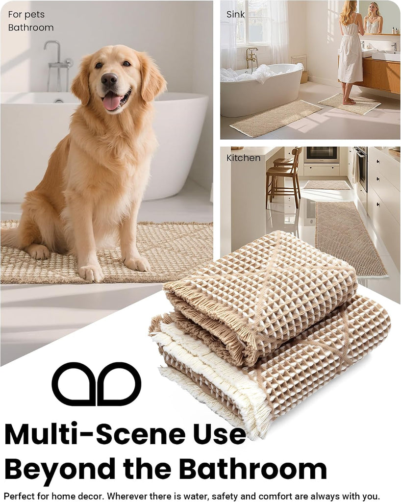 Waffle Bath Mat Set, Non Slip Bathroom Rugs 2 Piece, Brown & White | Ultra Absorbent Long Bath Rug Runner Boho Chic