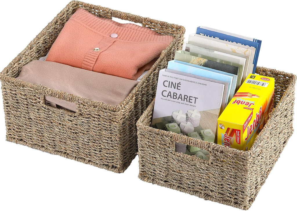 Large Wicker Baskets for Storage, Seagrass Baskets with Dual Handles, Woven Set of 2, Natural
