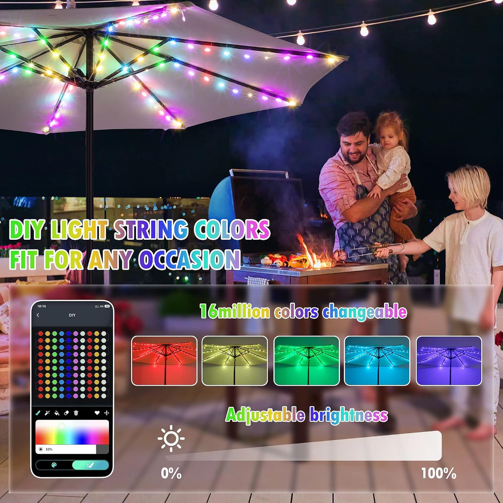 Patio Umbrella Lights, 104 Bright LEDs DIY Colors USB Battery Powered Waterproof Outdoor Umbrella Lights with APP