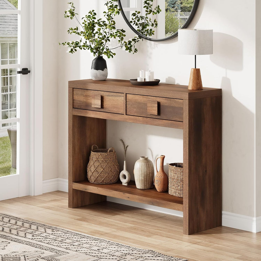 Console Table with Drawers, 40 Inch Narrow Entryway Table with Open Storage Shelves, Mid Century Modern Hallway